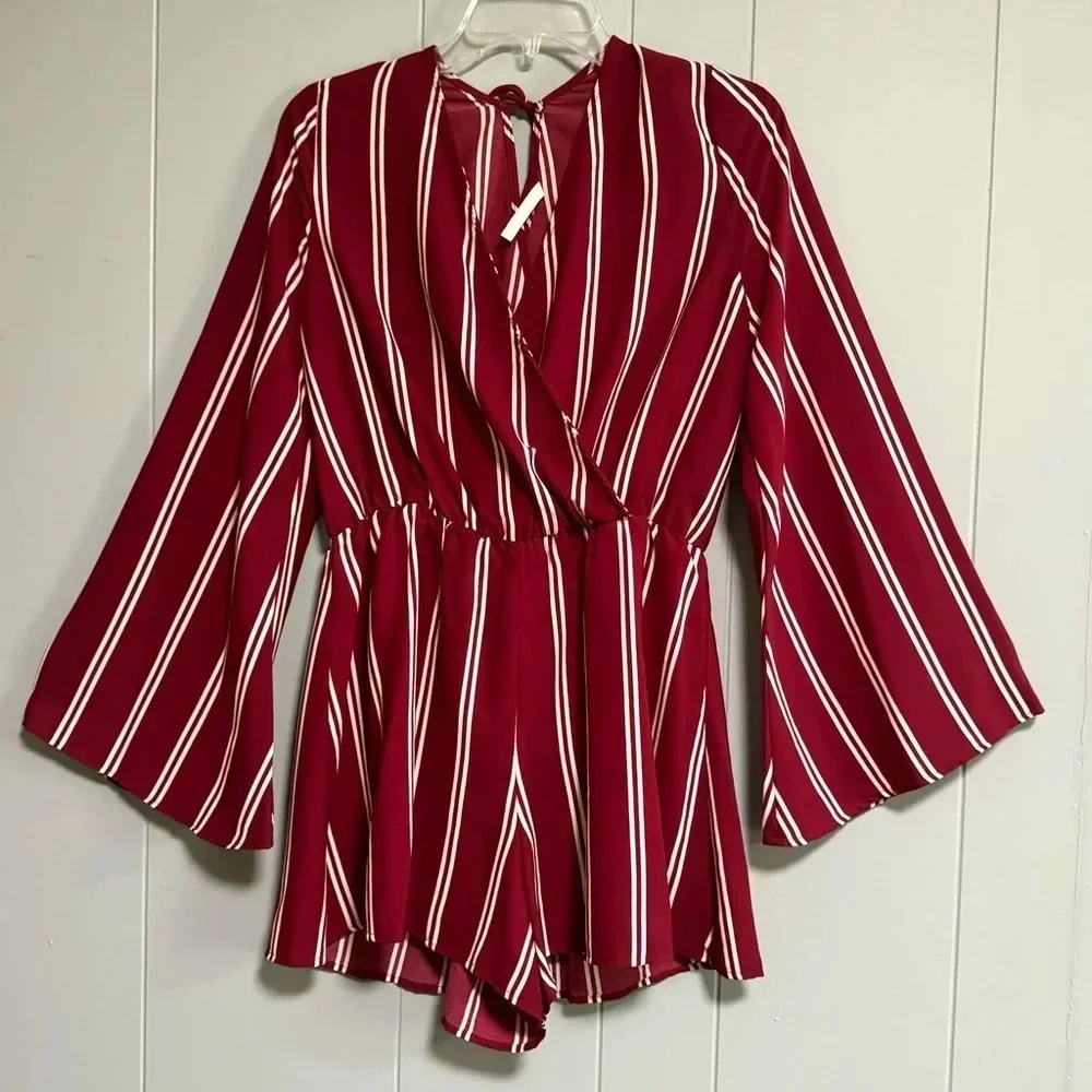 PEPPERMENT Vneck Long Flare Sleeves Back Tie Burgundy Stripe Short Romper Size M